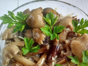 Versier de voorbereide champignons met greens